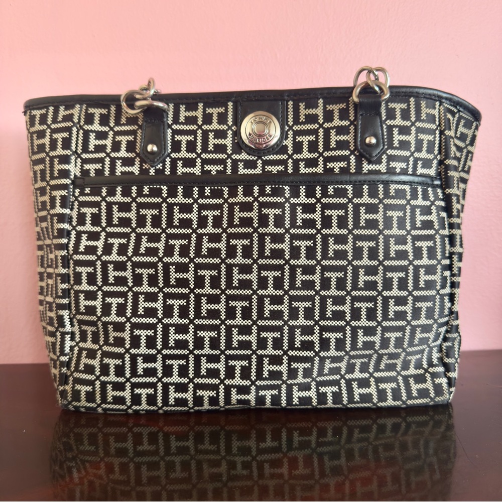 Tommy Hilfiger Black White TH Monogram Shopper Tote Shoulder Bag